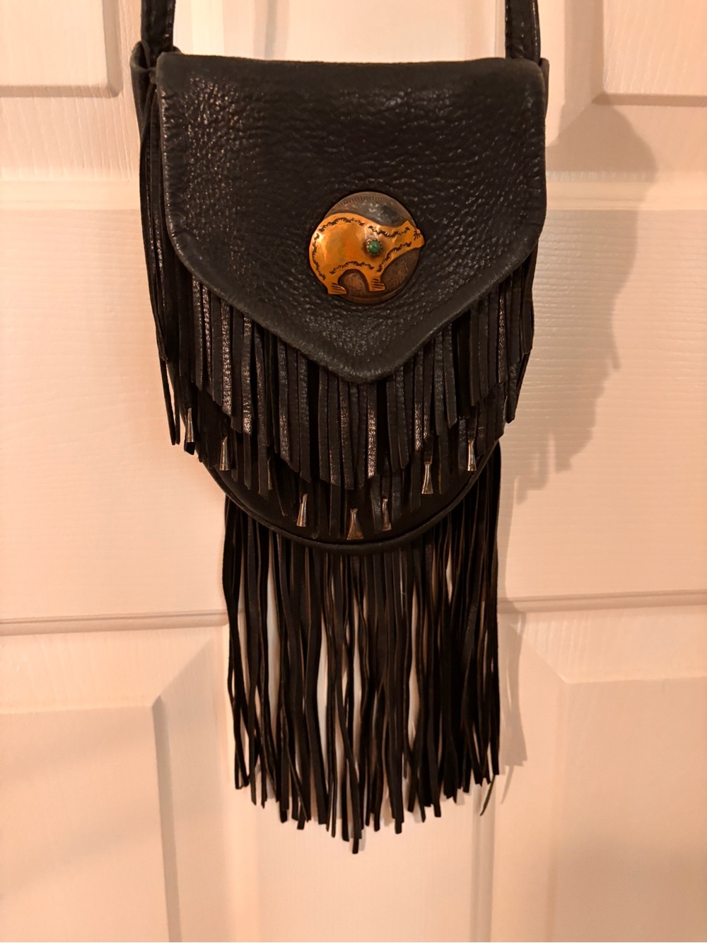 Vintage Black Fringe Leather Crossbody Bag with Decorative Concho